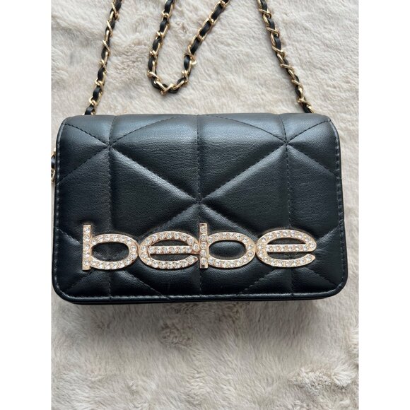 Bebe Quilted Black Leather Crossbody Purse With Gold Chain Strap & Rhinestone Lo - Picture 2 of 15